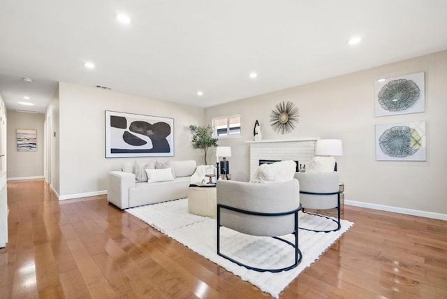 living room featuring a fireplace and light wood-type flooring