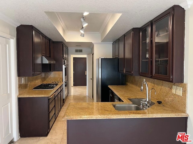 kitchen featuring sink, a textured ceiling, a tray ceiling, kitchen peninsula, and stainless steel appliances