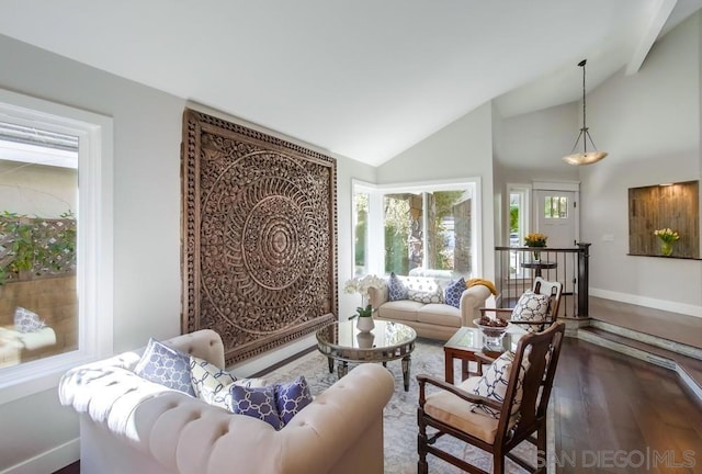 sitting room with wood-type flooring and high vaulted ceiling