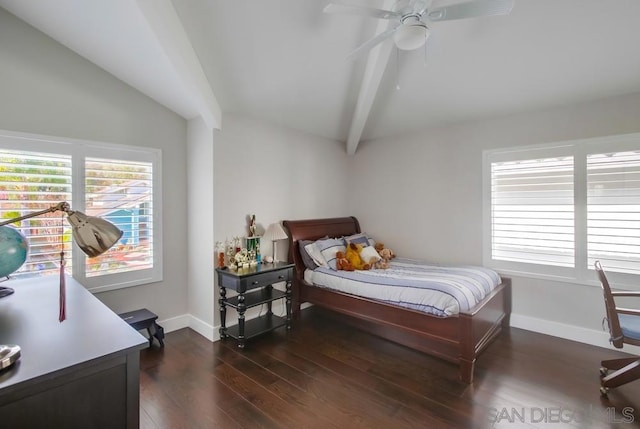 bedroom featuring dark wood-type flooring, ceiling fan, and vaulted ceiling with beams