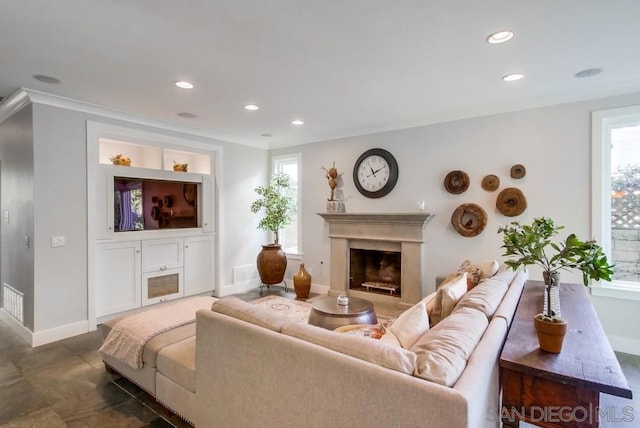 living room featuring ornamental molding and a healthy amount of sunlight