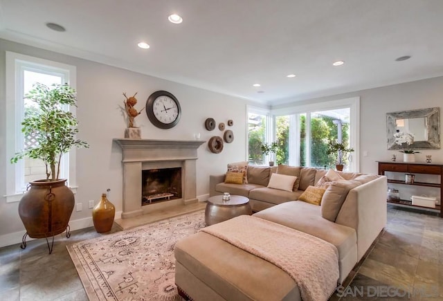 living room featuring a high end fireplace