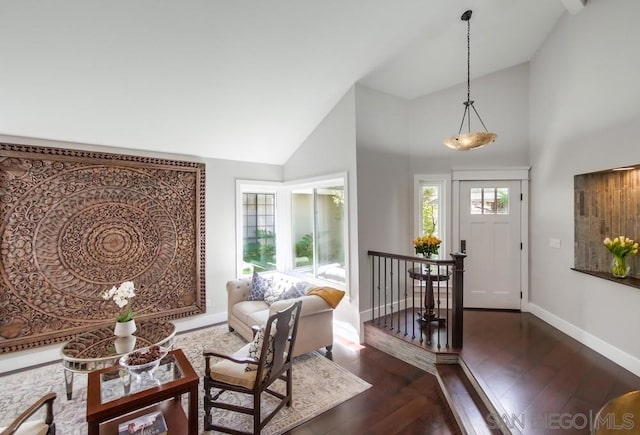 entrance foyer featuring dark hardwood / wood-style floors and high vaulted ceiling