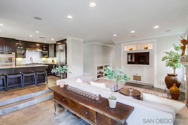 living room featuring crown molding and sink