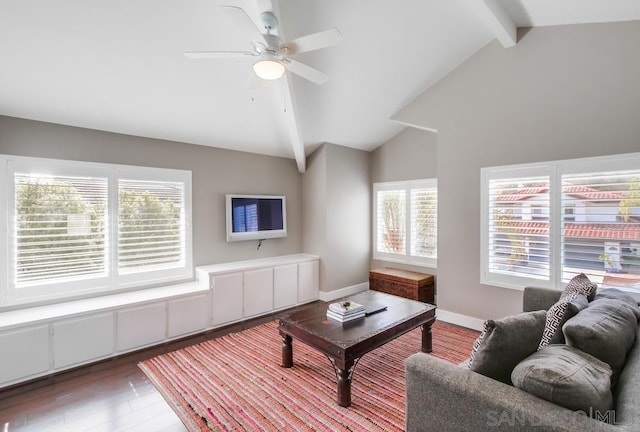 living room with wood-type flooring, vaulted ceiling with beams, and ceiling fan