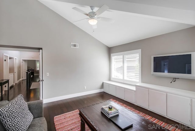 living room with high vaulted ceiling, dark hardwood / wood-style floors, and ceiling fan