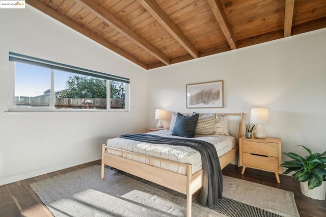 bedroom featuring wooden ceiling, dark hardwood / wood-style floors, and vaulted ceiling with beams