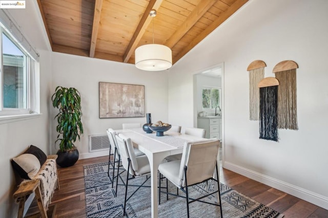 dining room featuring wood ceiling, dark hardwood / wood-style floors, and vaulted ceiling with beams