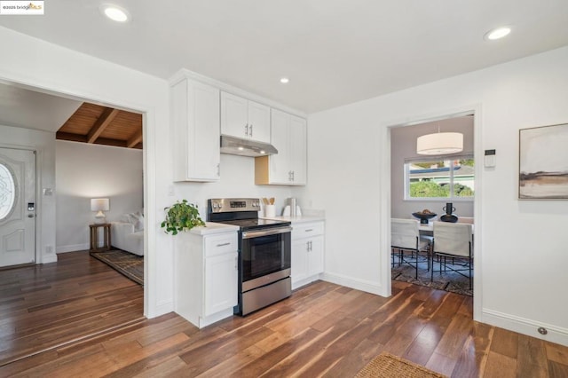 kitchen with beamed ceiling, white cabinetry, dark hardwood / wood-style floors, and stainless steel range with electric stovetop