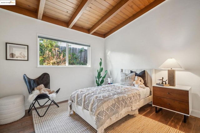 bedroom featuring wood ceiling, wood-type flooring, and vaulted ceiling with beams