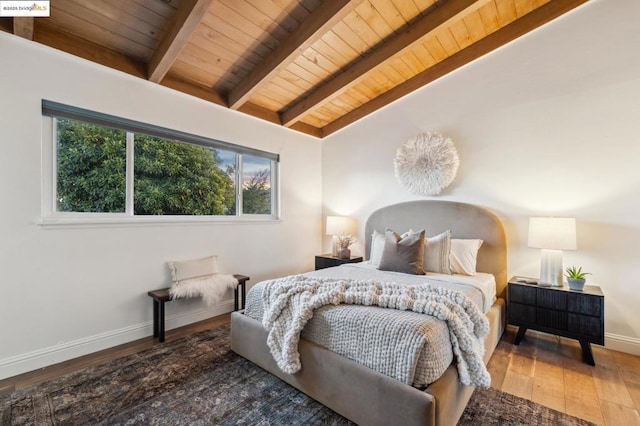 bedroom with dark hardwood / wood-style flooring, lofted ceiling with beams, and wooden ceiling