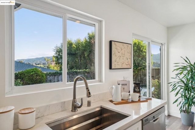 kitchen with light stone countertops, sink, stainless steel dishwasher, and light hardwood / wood-style flooring