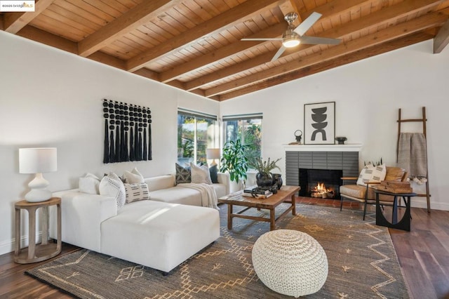 living room with ceiling fan, a fireplace, lofted ceiling with beams, dark hardwood / wood-style flooring, and wooden ceiling