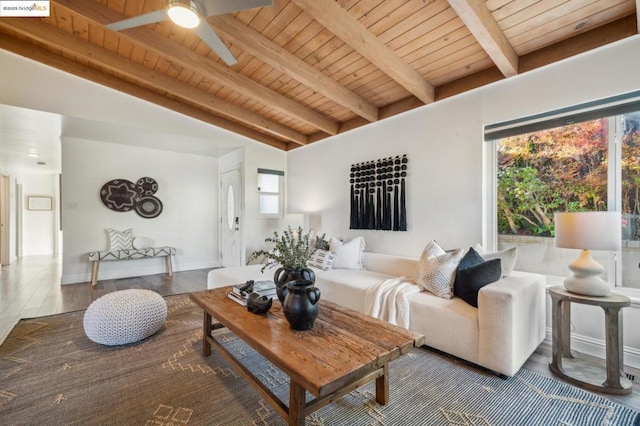 living room with vaulted ceiling with beams, wood ceiling, and ceiling fan