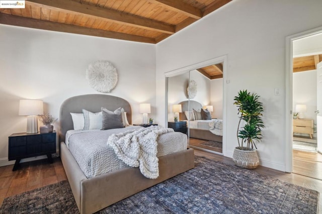 bedroom featuring beamed ceiling, dark hardwood / wood-style floors, and wood ceiling