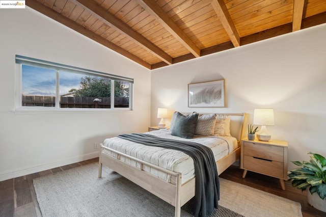 bedroom featuring wood ceiling, hardwood / wood-style flooring, and lofted ceiling with beams