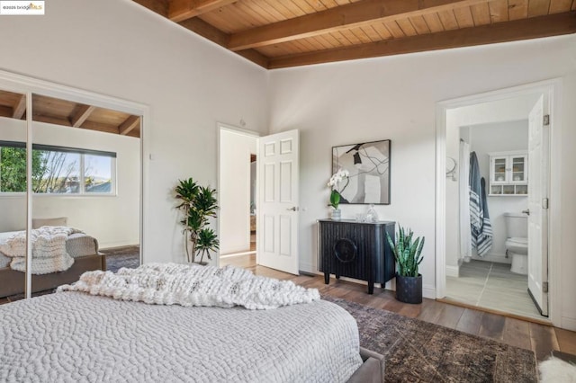 bedroom with dark hardwood / wood-style flooring, wood ceiling, and beam ceiling