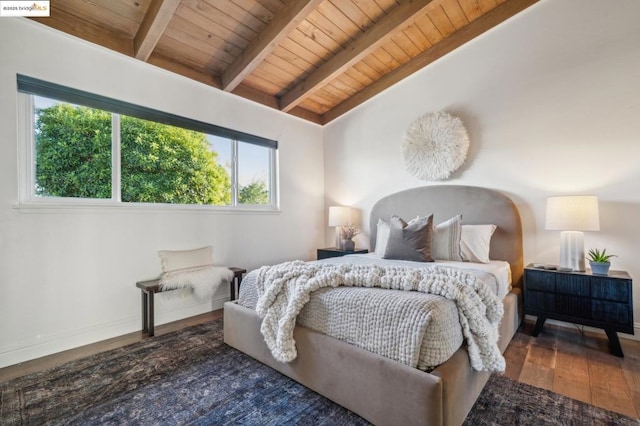 bedroom featuring vaulted ceiling with beams, wooden ceiling, and dark hardwood / wood-style flooring