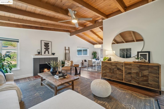 living room featuring a brick fireplace, dark wood-type flooring, wooden ceiling, and vaulted ceiling with beams