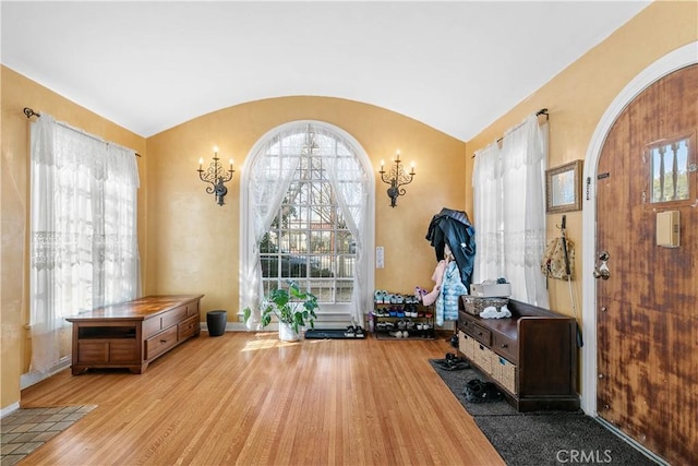 interior space with vaulted ceiling, plenty of natural light, and light hardwood / wood-style floors