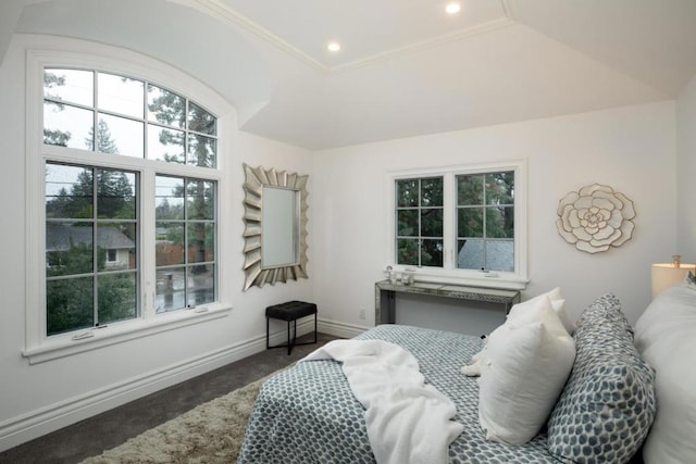 bedroom featuring vaulted ceiling and dark carpet