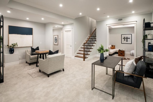 carpeted living room featuring crown molding