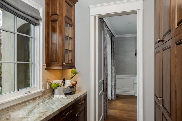 bar featuring crown molding, light stone countertops, and dark wood-type flooring