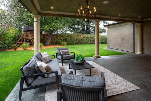 view of patio with an outdoor living space and a playground