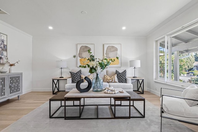 living room with light hardwood / wood-style flooring and ornamental molding