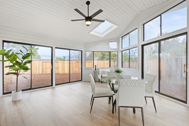 sunroom featuring lofted ceiling with skylight, wood ceiling, and ceiling fan