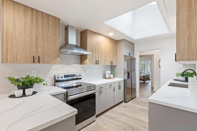 kitchen featuring wall chimney range hood, sink, stainless steel appliances, light stone countertops, and decorative backsplash