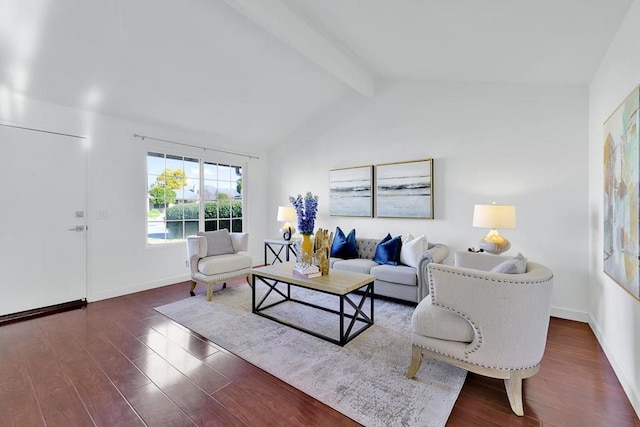 living room featuring dark wood-type flooring and vaulted ceiling with beams