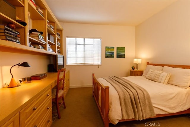 carpeted bedroom with built in desk