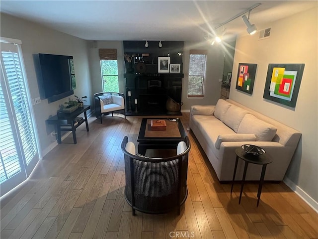 living room with hardwood / wood-style flooring and track lighting