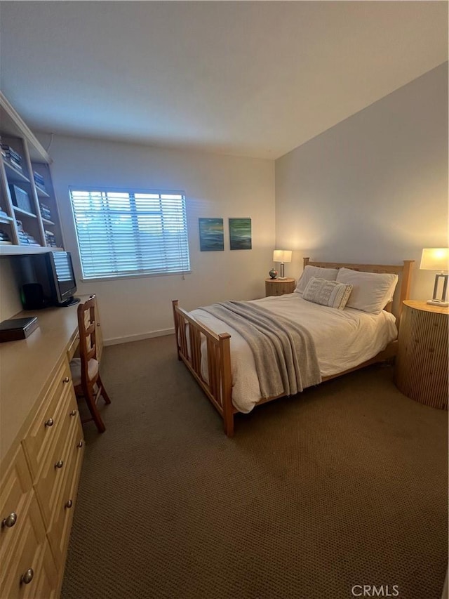 bedroom with dark colored carpet