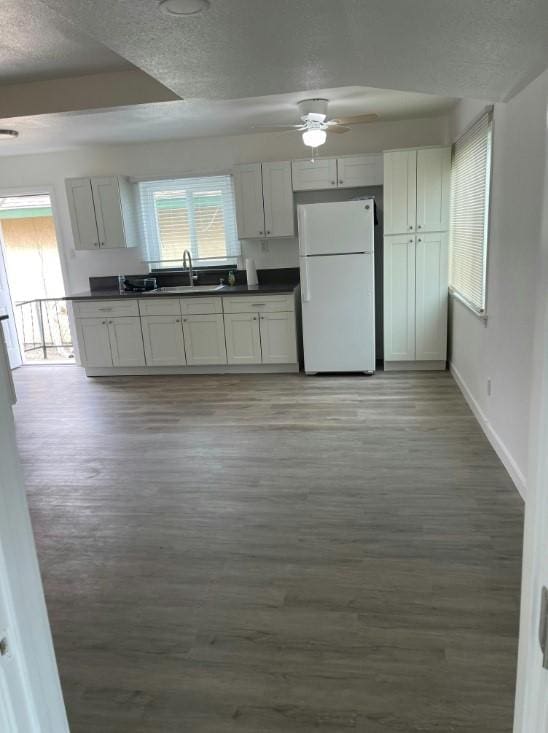 kitchen featuring white cabinetry, white fridge, plenty of natural light, and light hardwood / wood-style floors