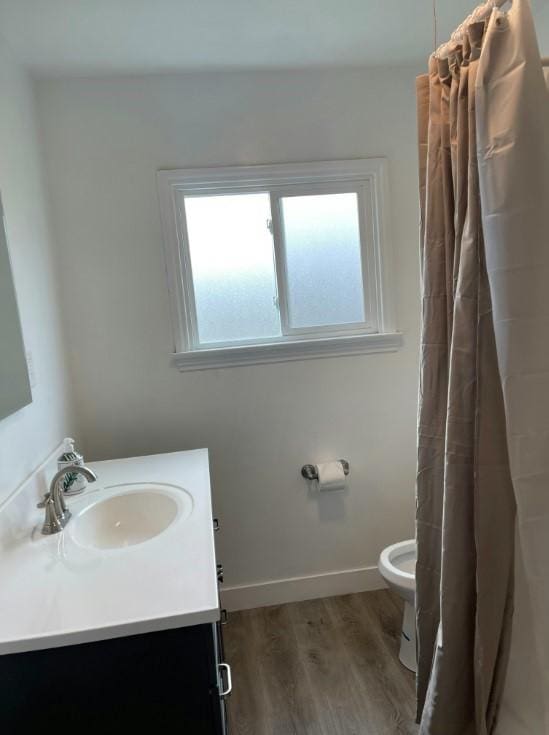 bathroom featuring vanity, wood-type flooring, a shower with shower curtain, and toilet