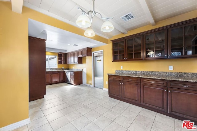 kitchen featuring dishwasher, light stone counters, beam ceiling, and decorative light fixtures