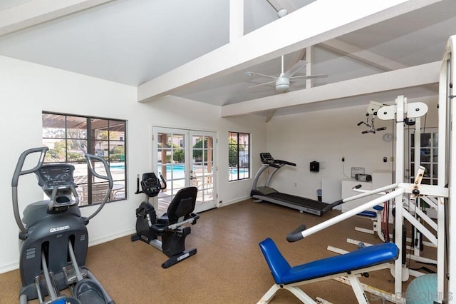 exercise area with lofted ceiling, ceiling fan, and french doors