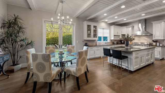 dining room with beamed ceiling, sink, a notable chandelier, and dark hardwood / wood-style flooring