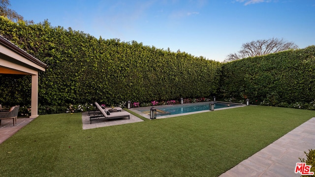 view of pool featuring a lawn and a patio area