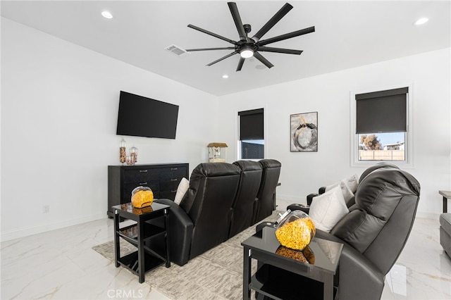 living room with ceiling fan