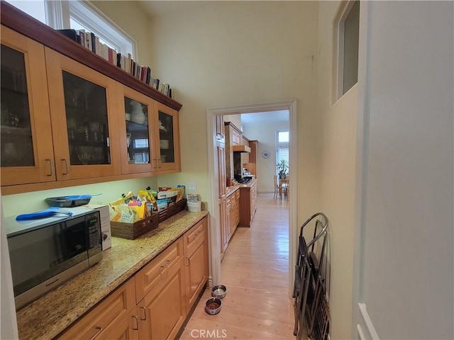 interior space featuring light stone countertops and light wood-type flooring