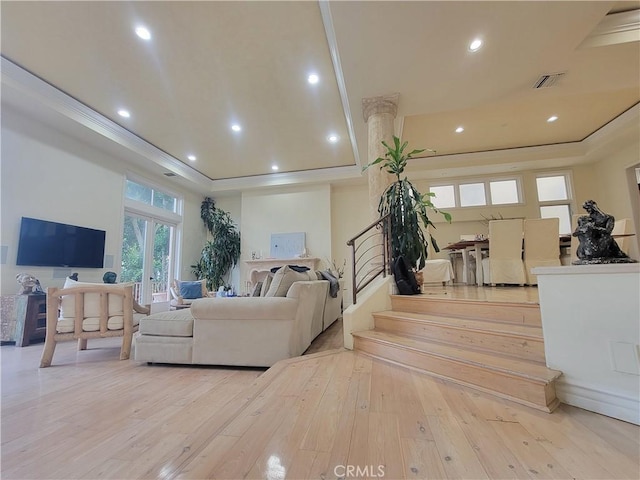 living room featuring crown molding, light hardwood / wood-style flooring, and a raised ceiling