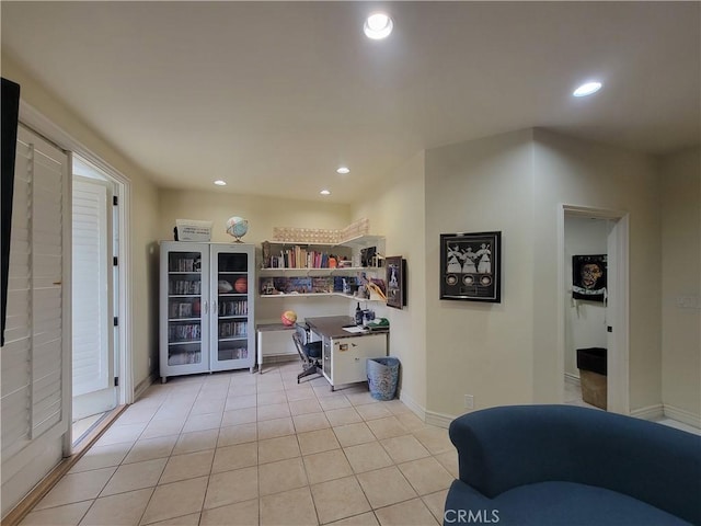 home office featuring light tile patterned floors, baseboards, and recessed lighting