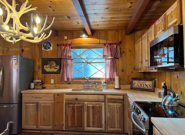 kitchen featuring sink, stainless steel appliances, beamed ceiling, and wood walls