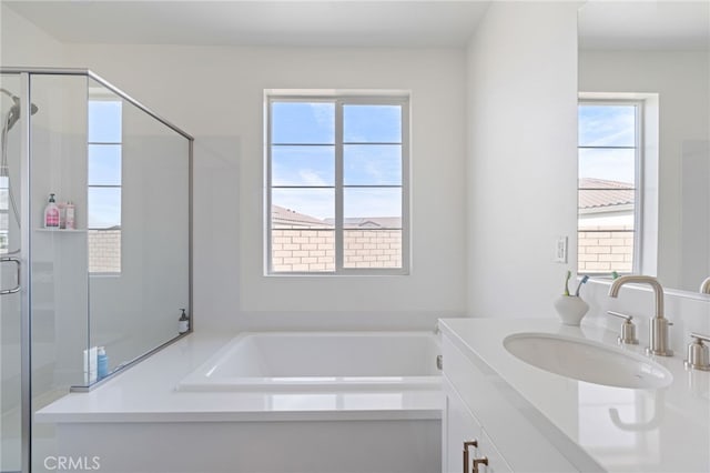 bathroom with vanity and separate shower and tub