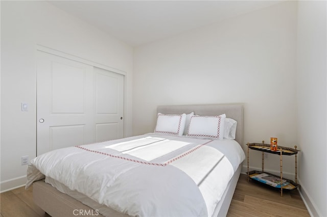 bedroom featuring wood-type flooring and a closet