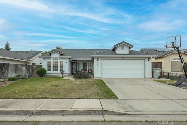 single story home featuring a garage and a front yard