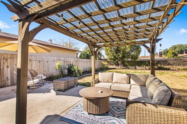 view of patio with a pergola and an outdoor hangout area